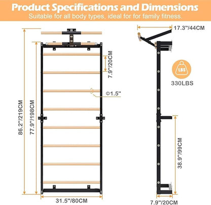 Swedish Ladder, Wood Stall Bars Suspension Trainer with Pull-Up Bar & Rings for Straps, Swedish ladders Wall Gym Adult, Wall-Mounted Workout Ladder for Home, Gym, School