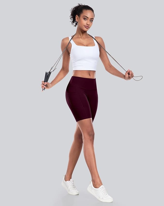 CHRLEISURE Womens Biker Yoga Shorts with Pockets: High Waisted Tummy Control Spandex Workout Athletic Gym Shorts 4 Packs