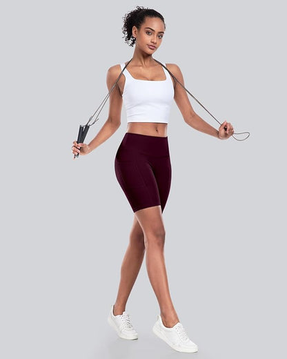 CHRLEISURE Womens Biker Yoga Shorts with Pockets: High Waisted Tummy Control Spandex Workout Athletic Gym Shorts 4 Packs