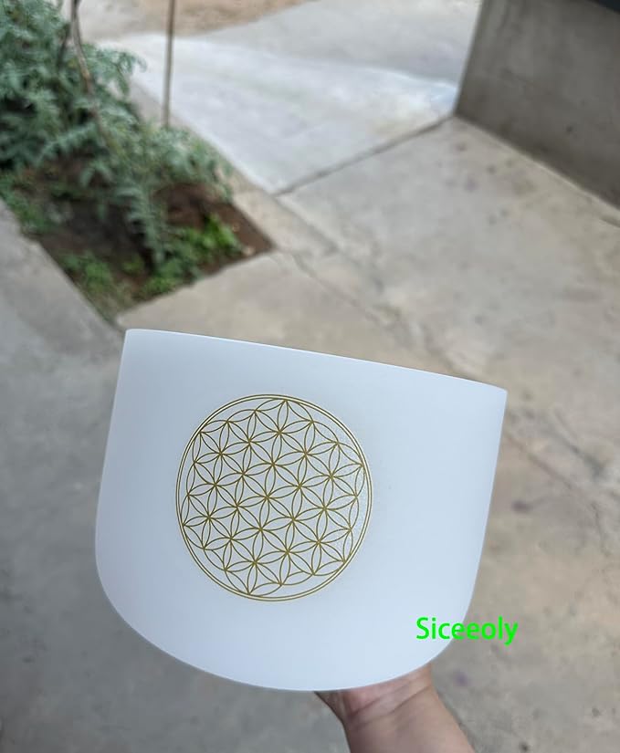 8" C Note 432HZ Flower of Life Crystal Singing Bowl Frosted Quartz Root Base Chakra Meditation Sound Healing with Durable Carrying Case Suede Striker O-ring