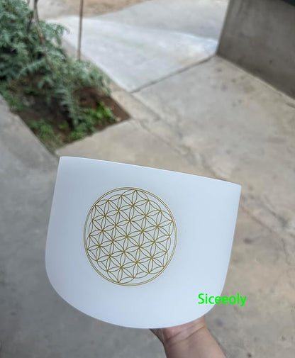 8" C Note 432HZ Flower of Life Crystal Singing Bowl Frosted Quartz Root Base Chakra Meditation Sound Healing with Durable Carrying Case Suede Striker O-ring