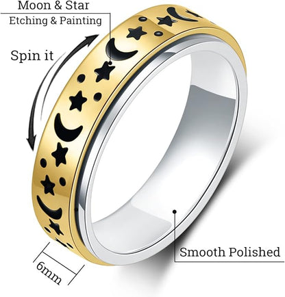 OreilleStar Anxiety Ring for Women Fidget Ring Stainless Steel Fidget Toys Adults Spinner Rings Gold Silver Moon Star Fidget Rings