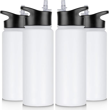 24 oz Insulated Water Bottle Bulk 4 Pack, Stainless Steel Sports Water Bottles with Straw Lid & Wide Mouth Lids, Double Walled Vacuum, Leak Proof, White