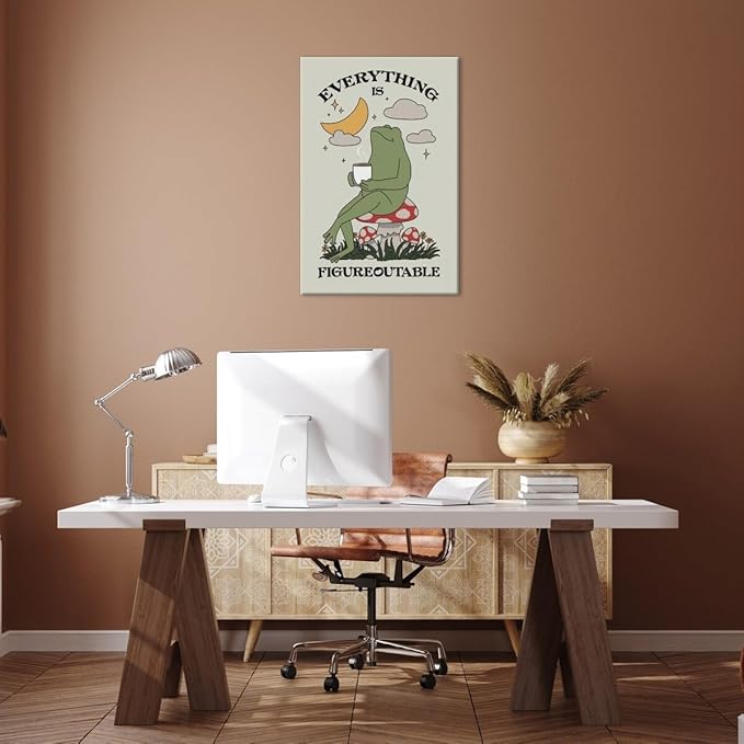 Everything is Figureoutable Motivational Canvas Wall Art Print Frog with Coffee Quote Inspirational Art Poster Mental Health Home Office Affirmation Wall Decor Minimalist Picture 12x18inch Framed