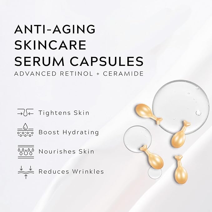 Retinol Serum for Face Anti-Aging Wrinkle with Ceramide - Anti-Aging Night Serum Capsules for Face Firming and lift, Light-weight & Hydrating Care, Travel Friendly | 30 Capsules
