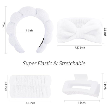 VELSCRUN Spa Headbands for Wash Face, Makeup Headband, Facial Skincare Headbands, 5 Pcs White Puffy Sponge Spa Headband Bow Tie Hair Band Hair Clips Wristband Set Women Girls Accessories