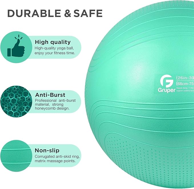 Gruper Yoga Ball, 18-30 Inch Extra Thick Exercise Ball for Workout Fitness Balance, Anti Burst Chair for Home and Office Desk, Includes Hand Pump & Workout Guide Access