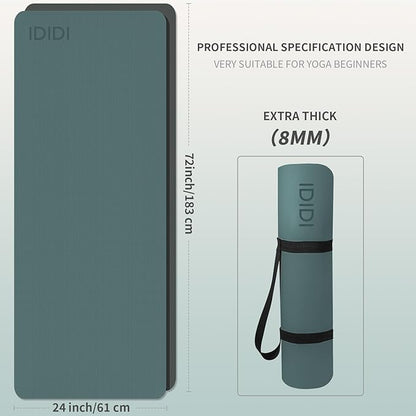 Yoga Mat with Strap,Non-Skid Workout Mat,8mm Thick Yoga Mat,POE Yoga Mats for Women Men Kids,Exercise Mat with Easy-Cinch,72"x24"x0.32” (183x61x0.8cm) (Deep green+Gray)