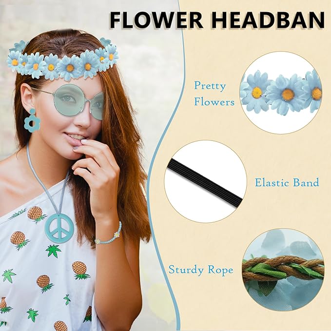 Hippie Costume Accessories Set Peace Sign Necklace Sunglasses Flower Headband Earrings for 60s 70s Outfit Party Women