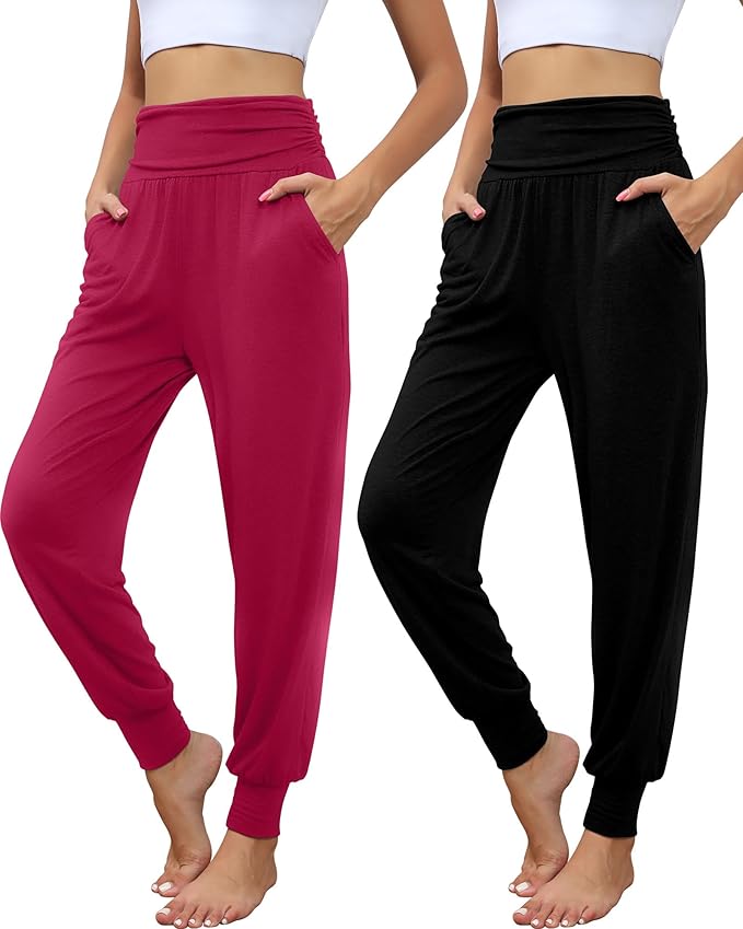2 Pack Women's Yoga Joggers, Cozy Sweatpants with Pockets Casual Loose Comfy High Waisted Lounge Pants