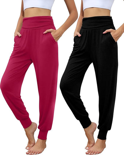 2 Pack Women's Yoga Joggers, Cozy Sweatpants with Pockets Casual Loose Comfy High Waisted Lounge Pants