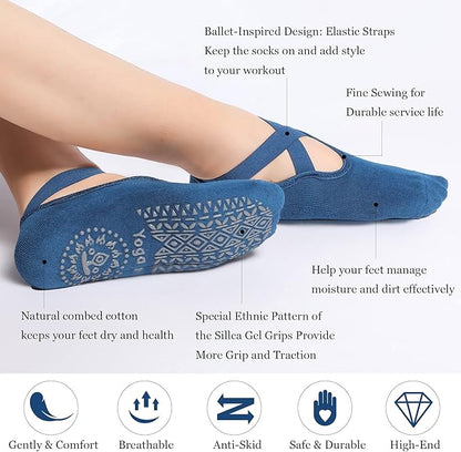 Geyoga 6 Pairs Pilates Socks for Women Barre Yoga Ballet Non-slip Athletic Socks with Grip Straps for Barefoot Workout