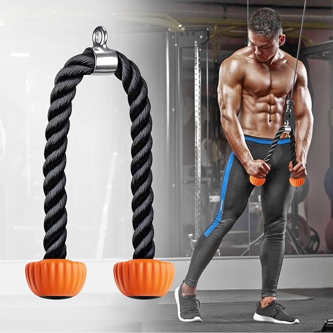 Kipika Tricep Rope, Cable Machine Attachments Pulley System Gym Pull Down Rope, Heavy Duty Nylon Rope with Soft Rubber Ends