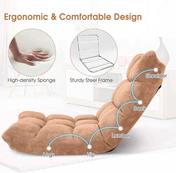 GORELAX Memory Foam Floor Chair, 14-Poistion Adjustable Reading Gaming Chair Recliner, Folding Cushioned Meditation Chair with Back Support, Padded Lazy Sofa for Adults, Kids