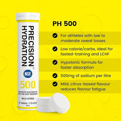 Precision Hydration Electrolyte Tablets - Multi Strength Effervescent Hydration Tablets - Low Calorie, Gluten Free, Vegan/Vegetarian Friendly (1 Tube, 500mg/L - Yellow Tube)