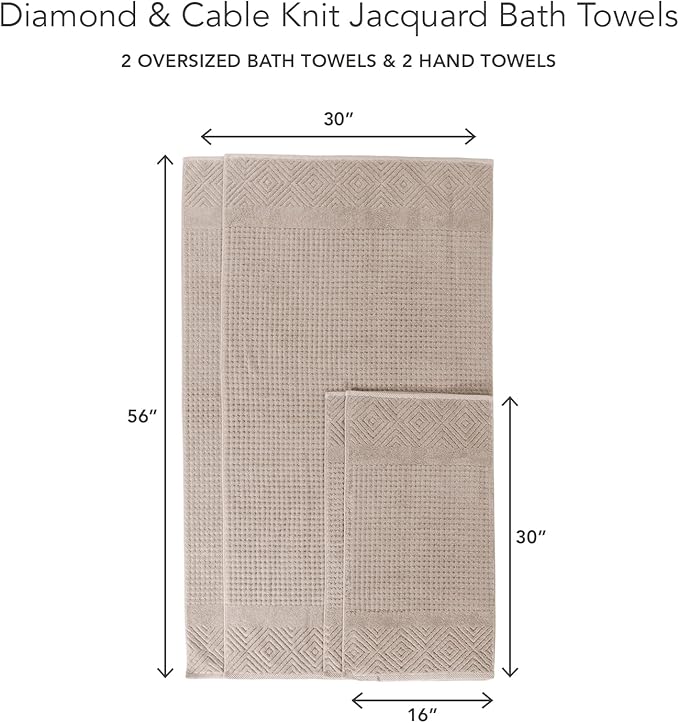 Texere 100% Organic Cotton Diamond Jacquard 700 GSM Luxury Bath Towel Sets - Ultra Soft and Absorbent Hotel and Spa Quality (Diamond, Oxford Tan, 2 Bath & 2 Hand Towels)