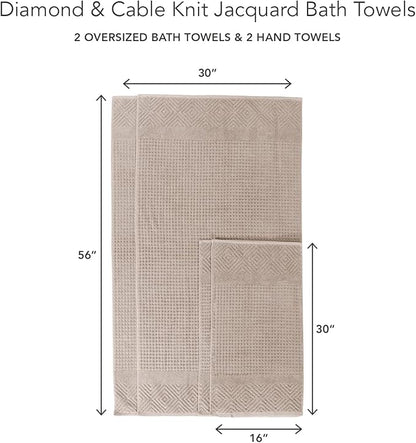 Texere 100% Organic Cotton Diamond Jacquard 700 GSM Luxury Bath Towel Sets - Ultra Soft and Absorbent Hotel and Spa Quality (Diamond, Oxford Tan, 2 Bath & 2 Hand Towels)