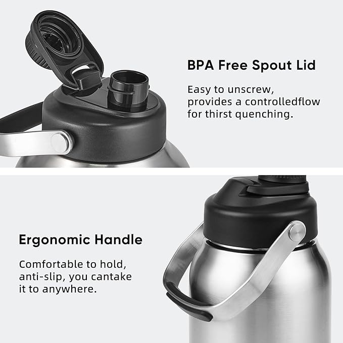 One Gallon Water Bottle, 128oz Stainless Steel Insulated Water Bottle For Hot & Cold Drinks, BPA-Free, Wide Mouth, Leak-Proof Big Water Jug With Handle For Sports, Travel, Hinking & Camping, Silver