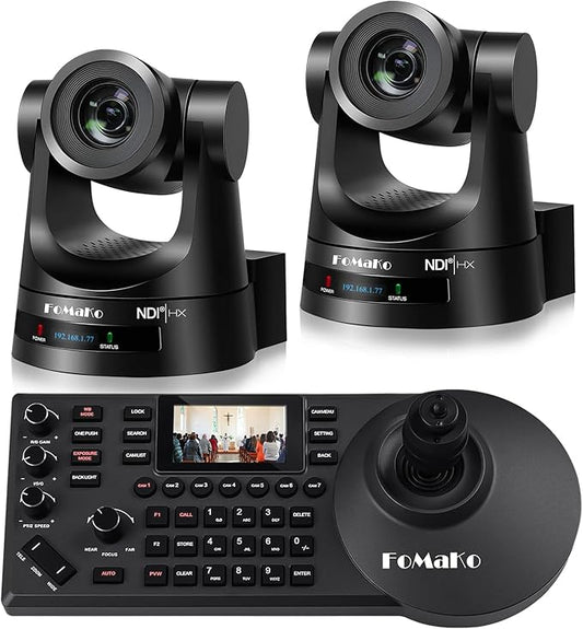 FoMaKo NDI PTZ Camera (NDI 6 & NDI HX3 Certified), AI Auto-Tracking Gen 3, 20X Optical Zoom PoE HDMI PTZ Camera for Church Worship, PTZ Controller, (PTZ Bundle KN20Ax2+KC608) BN202