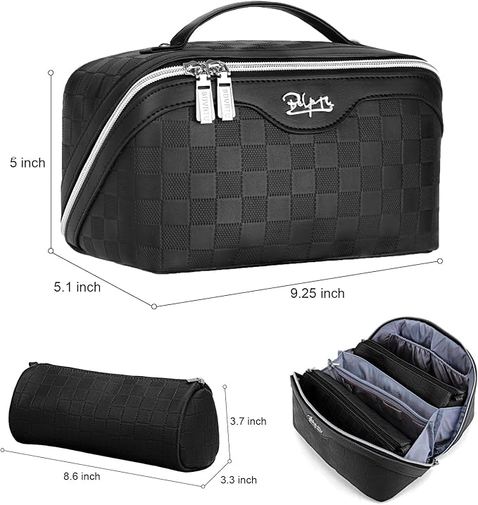 BOYATU Travel Makeup Bag Organizer Cosmetic Bag: 3 Pcs Set Make up Bags for Women with Handle - Waterproof Vegan Leather Toiletry Bags Travel Essentials Pouch with Compartments (01-Black)