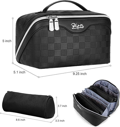 BOYATU Travel Makeup Bag Organizer Cosmetic Bag: 3 Pcs Set Make up Bags for Women with Handle - Waterproof Vegan Leather Toiletry Bags Travel Essentials Pouch with Compartments (01-Black)