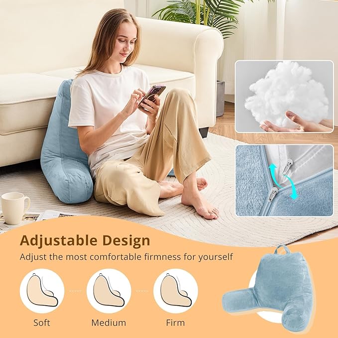 Sasttie Reading Pillow, Velvet Back Pillow for Bed Sitting Up, Adult Back-Rest Support Cushion with Arms for Sit Up on Couch, Sofa, and Floor, Dorm Essentials, Reading Accessories, Dusty Blue