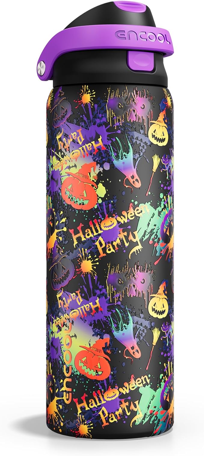 Halloween Gothic Water Bottle with Straw, Stainless Steel Insulated Water Bottle,Leak Proof, One-Touch Flip Lid, BPA Free, Holiday Gifts For Women Men, 32oz, Ghost Party