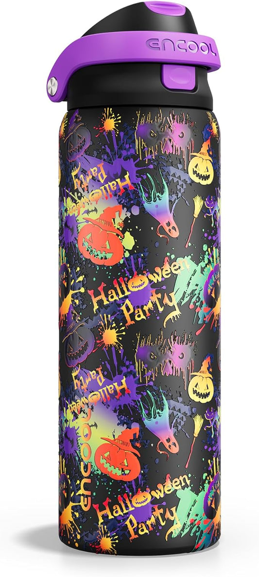 Halloween Gothic Water Bottle with Straw, Stainless Steel Insulated Water Bottle,Leak Proof, One-Touch Flip Lid, BPA Free, Holiday Gifts For Women Men, 32oz, Ghost Party