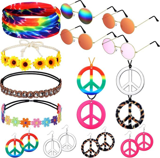Remuuly 16 Pcs Hippie Costume Accessories for Women 60s 70s Accessory Set Includes Headband Hippie Sunglasses Peace Sign Earrings and Necklace Jewelry Outfits Men Women Costume Party Supplies