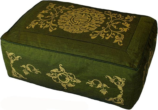 Meditation Cushion - Rectangular Zafu Buckwheat and Kapok Fill Longevity Celestial Vine Green