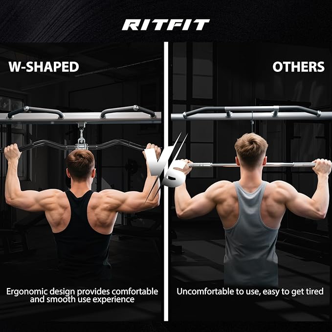 RitFit 38.6'' W-Shaped LAT Pulldown Bar, Aluminum Alloy Cable Machine Attachment with Full Rotation for Gym, Strength Training, Workouts