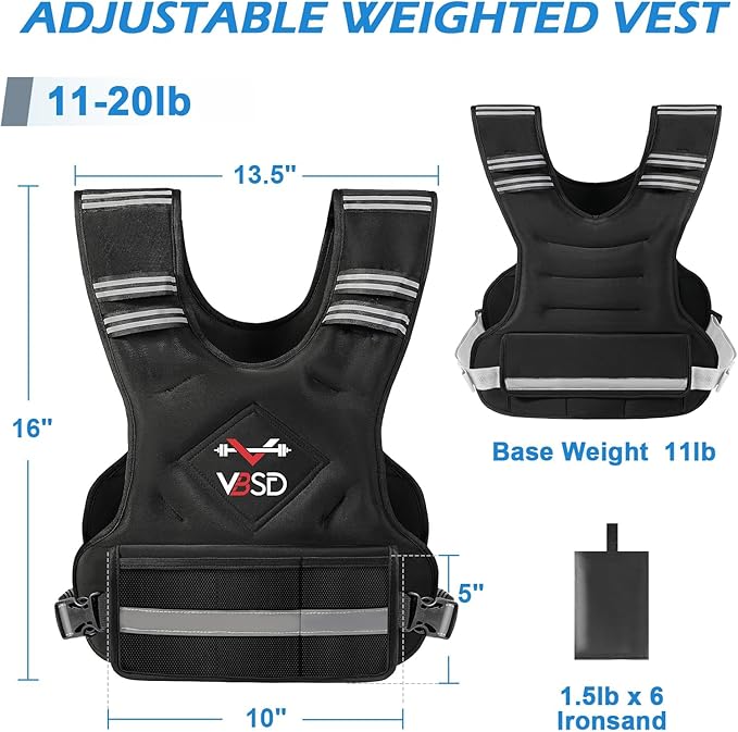 VBSD Adjustable Weighted Vest for Women Men 4-10lb/11-20lb/20-32lb Vest with 6 Ironsand Weights Body Weight Vest with Reflective Strip for Running Walking Strength Training Workouts