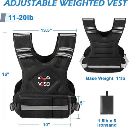VBSD Adjustable Weighted Vest for Women Men 4-10lb/11-20lb/20-32lb Vest with 6 Ironsand Weights Body Weight Vest with Reflective Strip for Running Walking Strength Training Workouts