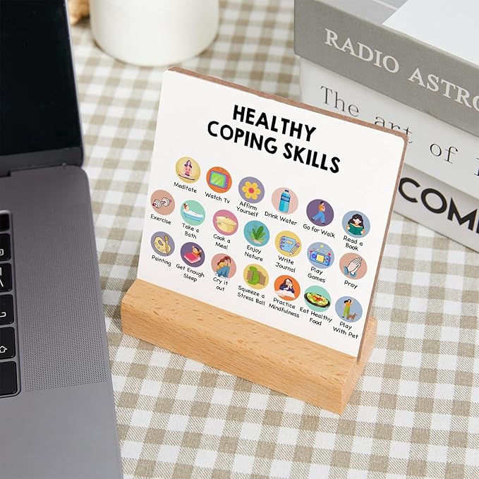 Mental Health Sign, Inspirational Positive Plaque Sign, Mental Health Growth Mindset Wooden Sign Decor with Wooden Stand, Positive Gifts for Psychologist School Counselor Student Boy Girl