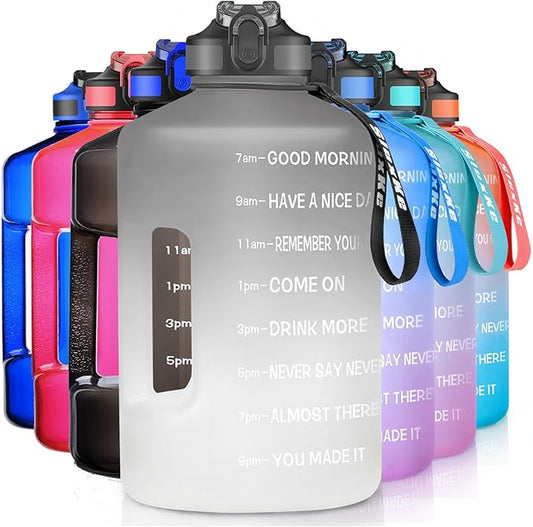 1 Gallon Motivational Sports Water Bottle with Time Marker, BPA Free 128oz Leak Proof Jug, Black, Plastic, 128 ounces, Fitness, Sports, Outdoor Activities