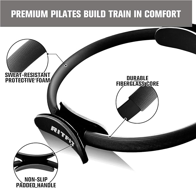 RitFit Pilates Kit - 14 Inch Pilates Ring Magic Circle with Pilates Ball, Resistance Bands & Yoga Strap, Pilates Equipment for Home Workout Toning Thighs, Arms and Core (Black/Pink)