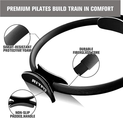 RitFit Pilates Kit - 14 Inch Pilates Ring Magic Circle with Pilates Ball, Resistance Bands & Yoga Strap, Pilates Equipment for Home Workout Toning Thighs, Arms and Core (Black/Pink)