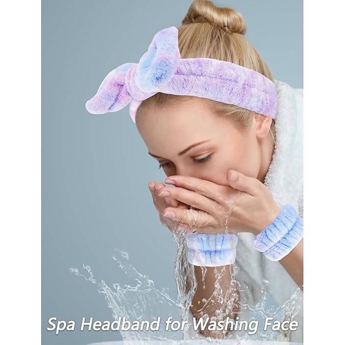 VELSCRUN Spa Headband, Makeup Face Wash Skincare Headbands, 5 Pcs Deep Purple Sponge Bow Tie Get Ready HairBand Facial Wristband Hair Clips Set, Stuff for Teen Girls Women Trendy Hair Accessories