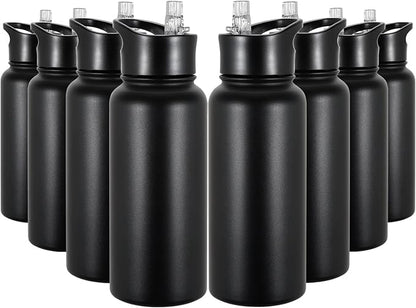 32 oz Insulated Water Bottle Bulk 8 Pack, Stainless Steel Sports Water Bottles with Straw Lid & Wide Mouth Lids, Double Walled Vacuum, Leak Proof, Black