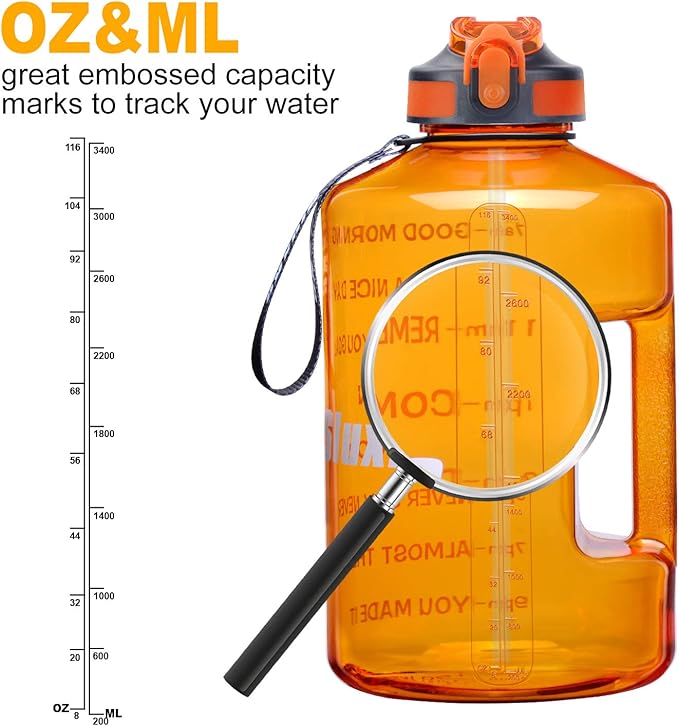 1 Gallon Motivational Sports Water Bottle with Time Marker, BPA Free 128oz Leak Proof Jug, Black, Plastic, 128 ounces, Fitness, Sports, Outdoor Activities