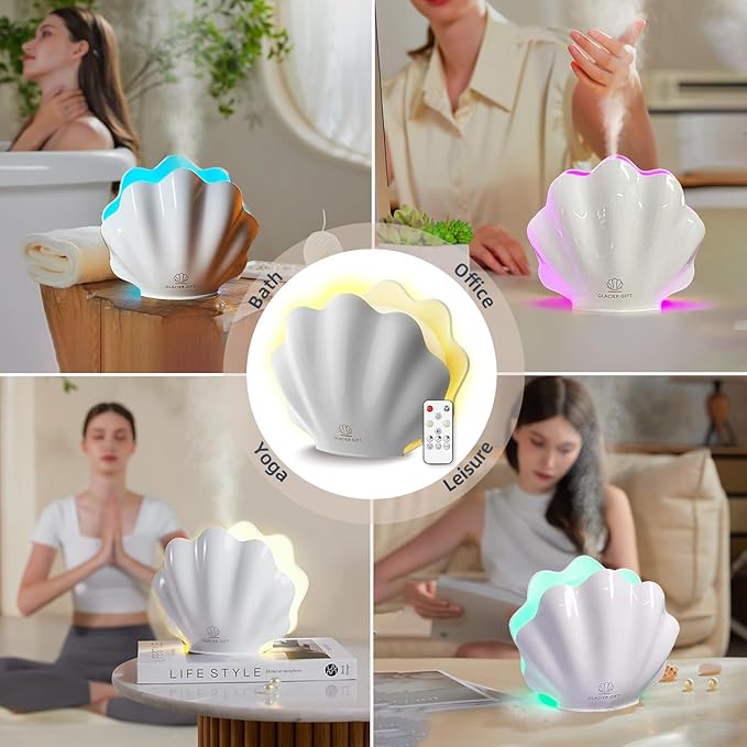 Essential Oil Diffuser 260ML, Shell Aroma Diffuser with Remote Control Humidifier with 7 Colors LED Night Light for Bedroom Home Relaxation (White)