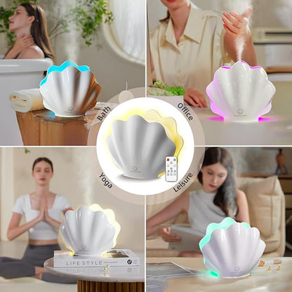 Essential Oil Diffuser 260ML, Shell Aroma Diffuser with Remote Control Humidifier with 7 Colors LED Night Light for Bedroom Home Relaxation (White)