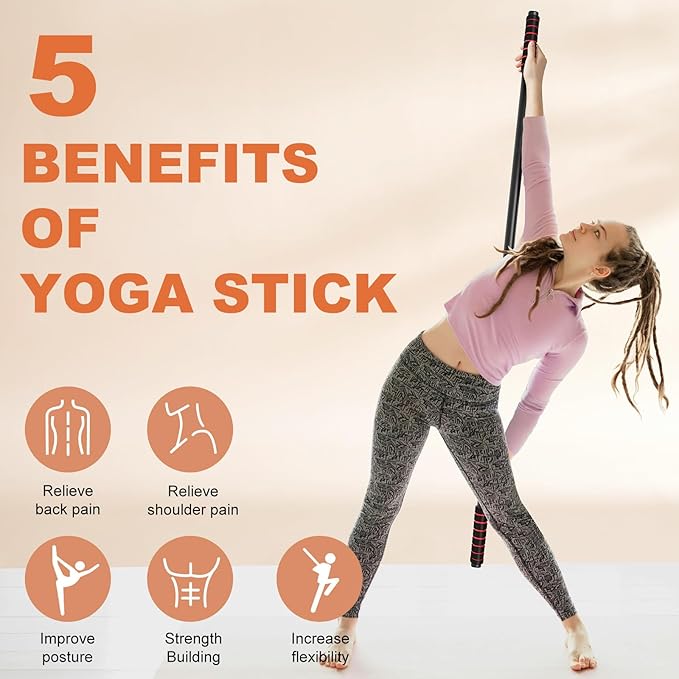 Yoga Stick Sturdy Steel, 5 Ft Adjustable Stretching Stick for Mobility, Flexibility and Balance, Versatile Exercise Stick with Non-Slip Ends and Foam Handles for Fitness, and Posture