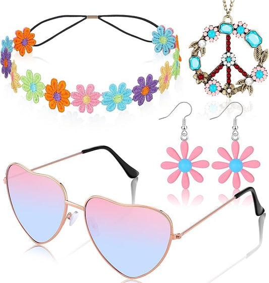 4 Pcs Hippie Costume Accessories Set 70s Peace Sign 60s Outfits for Women Necklace Daisy Earrings Flower Headband Sunglasses