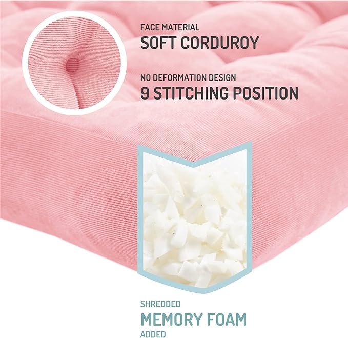 Meditation Floor Pillow Pink, Square Large Pillows Seating for Adults, Tufted Corduroy Cushion for Living Room Tatami, 22x22 Inch, 1 Count (Pack of 1)
