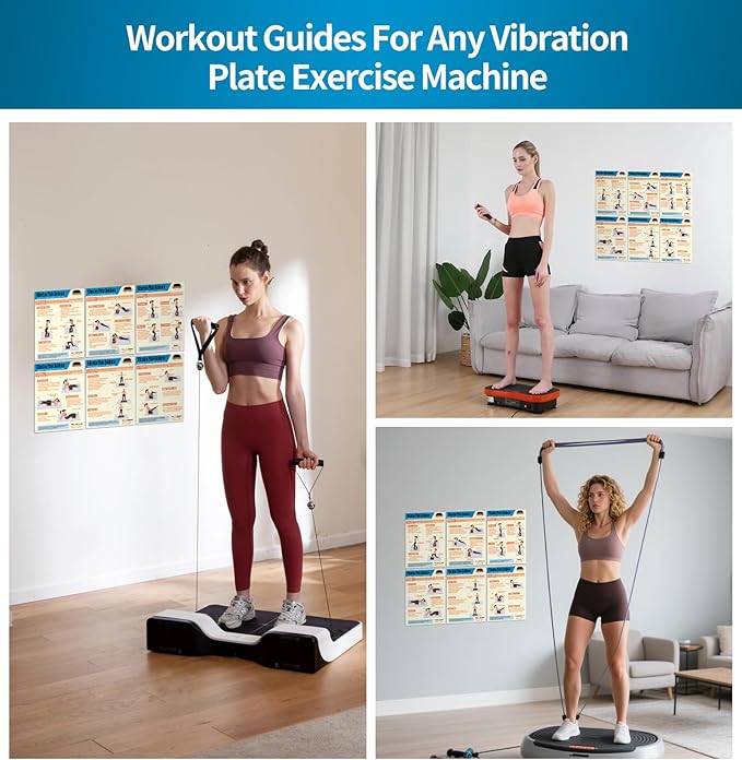 Whole Body Vibration Plate Exercise Poster Set - 6 Workout Guides & 2 Customizable 30-Day Plans for Home & Gym Use