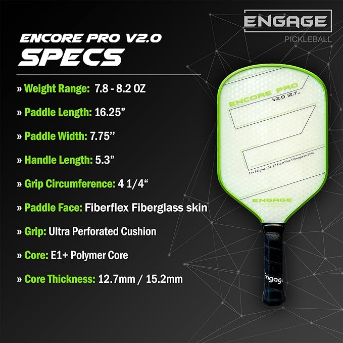 Engage Encore Pro V2.0 Pickleball Paddle – FiberFlex Fiberglass Face for Power & Spin, Available in Two Core Options (12.7mm for Power, 15.2mm for Control), Versatile Hybrid Shape