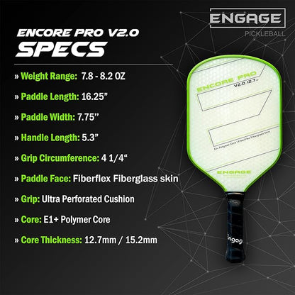 Engage Encore Pro V2.0 Pickleball Paddle – FiberFlex Fiberglass Face for Power & Spin, Available in Two Core Options (12.7mm for Power, 15.2mm for Control), Versatile Hybrid Shape