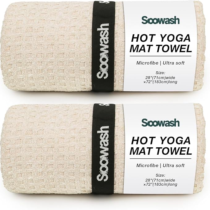 2 Pack Hot Yoga Towel Yoga Mat Towels Non Slip for Hot Yoga Stickyfiber Microfiber Quick Dry Soft Absorbent with Corner Pockets Cover Bikram Pilates Exercise Fitness 28" X 72" Beige