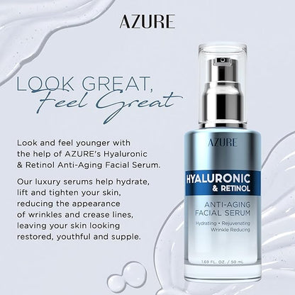 Azure Dermatologist Tested Hyaluronic & Retinol Face Serum - K Beauty Anti-Aging Formula for Dark Spots & Wrinkle Care - Korean Skincare, Moisturizing Complex for Glowing Skin - 1.69 fl oz